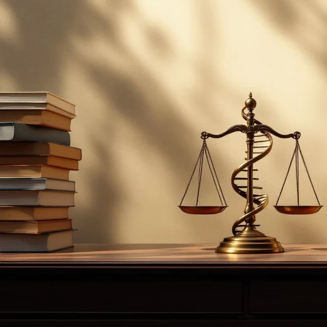 A stack of books standing to the side of a unique balance scale